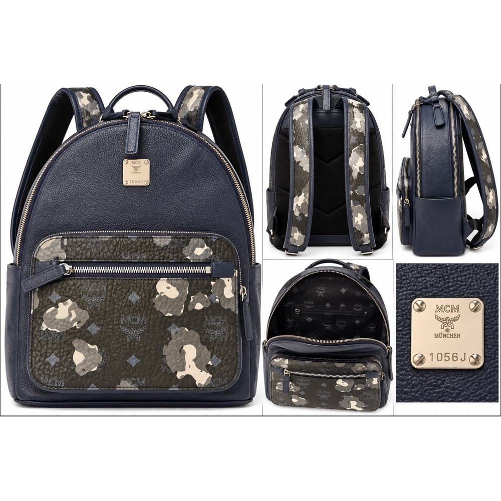 MCM Backpack Womens Medium Navy Camo Stark Visetos Pebbled Leather Luxury Bag